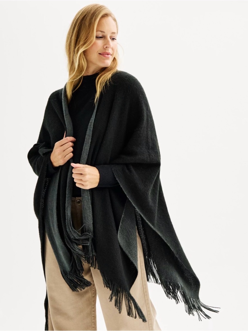 NWOT Sonoma Black Fringe Open Poncho Sweater